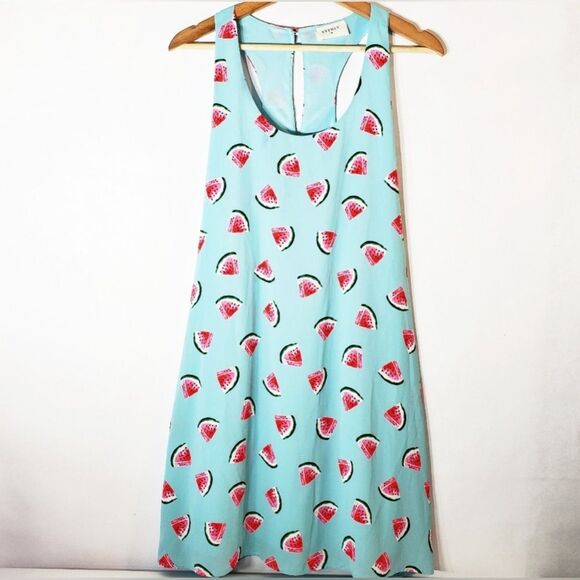 Everly Sleeveless Razorback Lined Blue Dress with Watermelon Print Size Medium - Picture 2 of 9